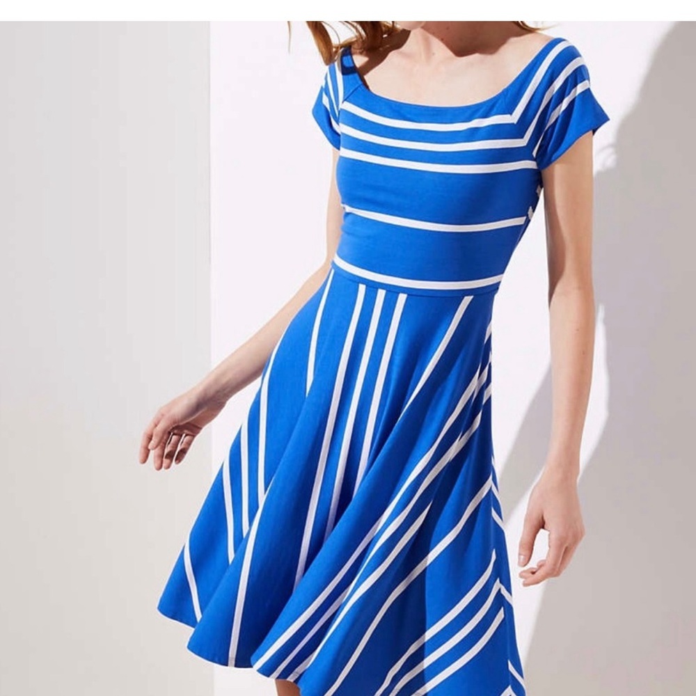 Ann Taylor LOFT Cobalt Blue White Striped Crossover Back Flare Dress XL NWT